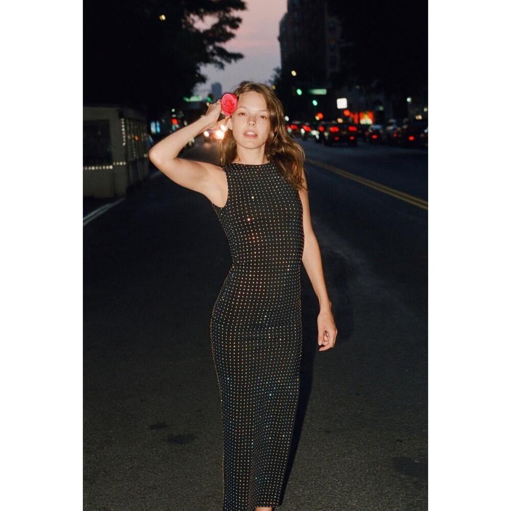Zara Black Rhinestone Studded Open Back Bodycon Midi Dress Size Small